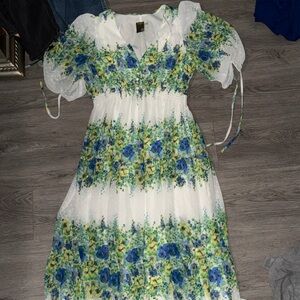 Taylor White Dress with Blue and Green Accents
